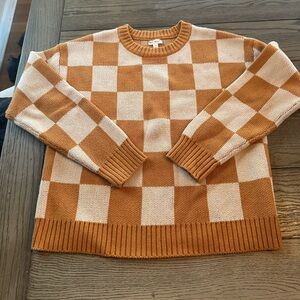 Hem & Thread Cotton Tan and Cream Checkered Crewneck Sweater Size S